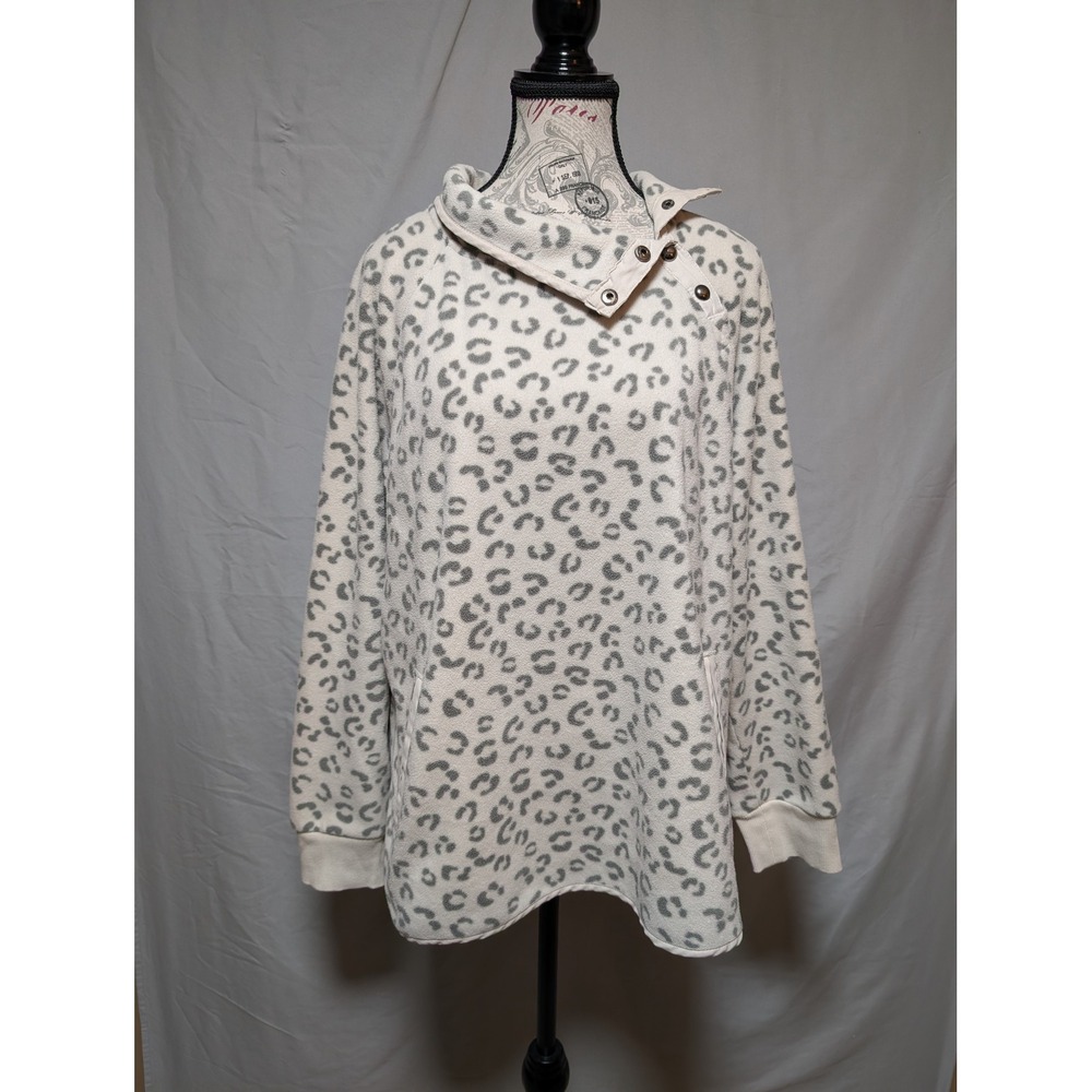 Green Tea Women's Cream‎ Leopard Print Fleece Snap Neck Pullover Tunic Top XL
